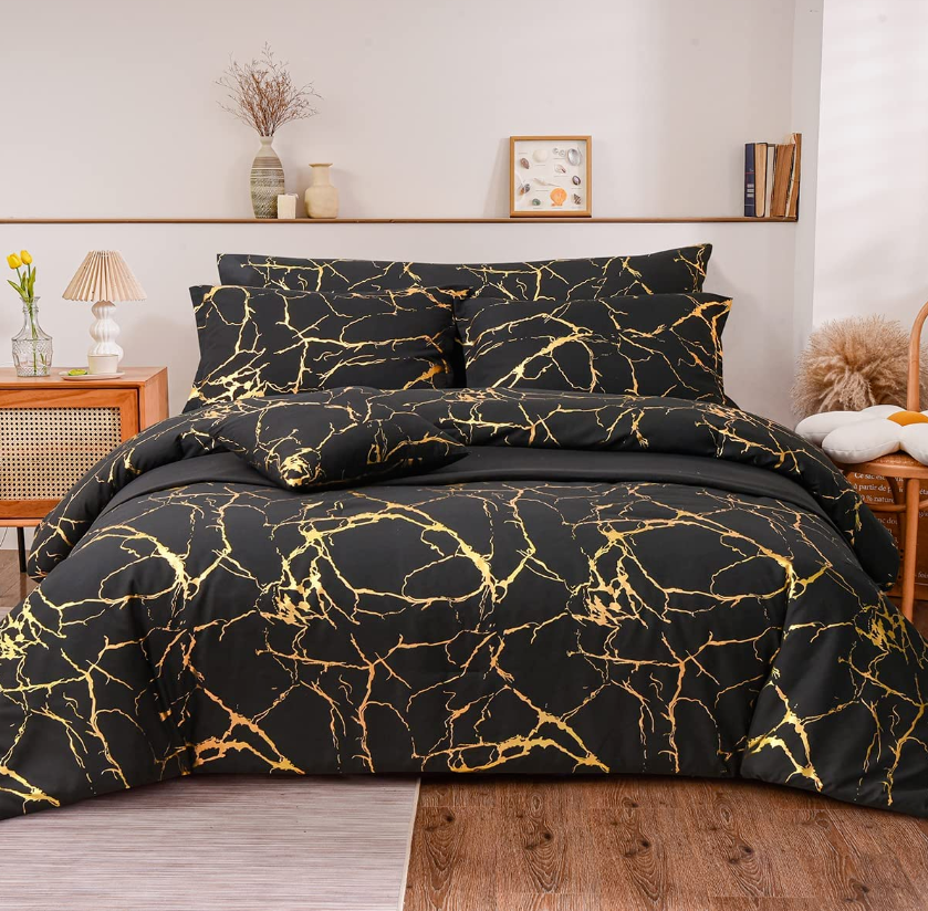 Gold Metallic Marble Comforter and Sheet Set 7Pcs King Size Bed-In-A-Bag Glitter