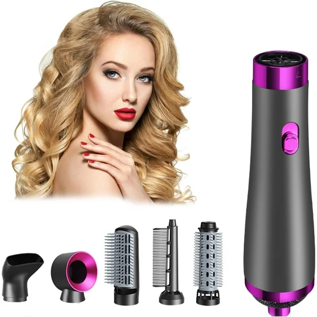Hinzonek 5 in 1 Hair Blower Brush Hairdryer-Detachable and Interchangeable Hot Tools Blow Dryer Brush, Negative Ion Technology Heated Curling Brush for Straightening, Curling, Dry Combing